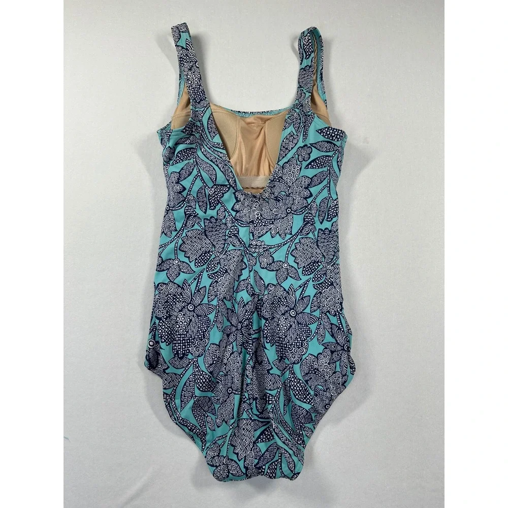 Lands' End One-Piece Swimsuit 8L Blue Teal Floral Scoop‎ Tropical Coastal Beachy